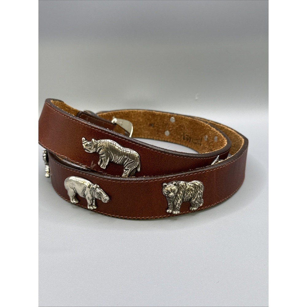 Honest Sz 36" Brighton Brown Leather Belt Silver Tone 3D Animals Safari Vtg 90s